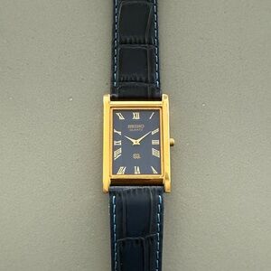 Vintage Seiko Tank watch Blue dial Gold Bezel with Blue Strap